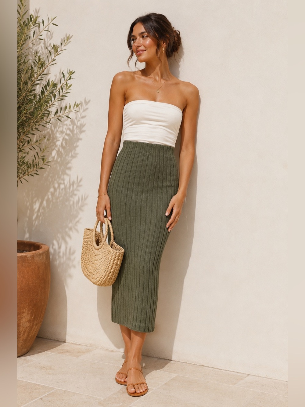 Olive Green Ribbed Knit Midi Pencil Skirt